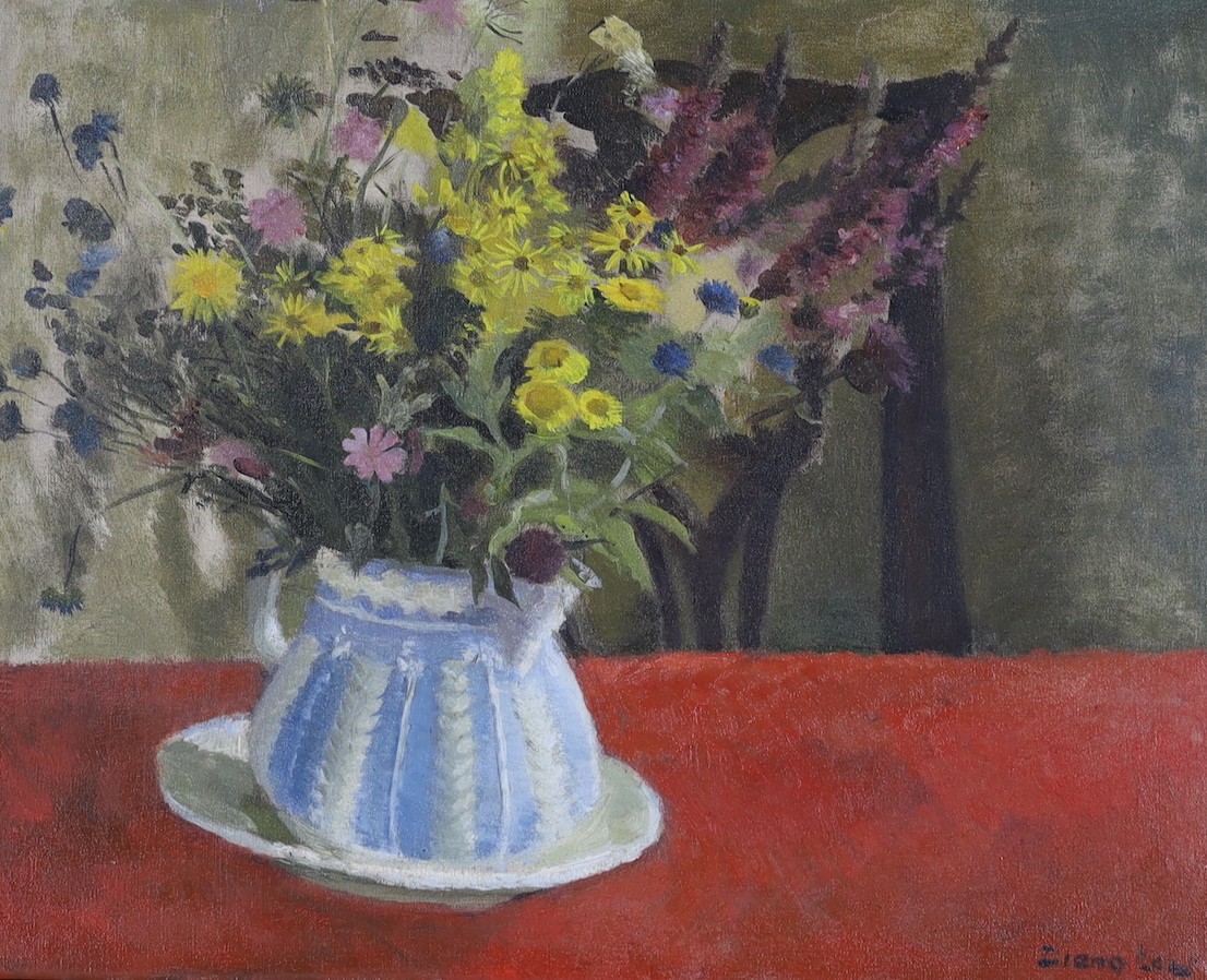 Diana Maxwell Low (1911-1975), oil on canvas, 'Wild flowers in a blue jug', signed, with artist label verso, 40 x 50cm